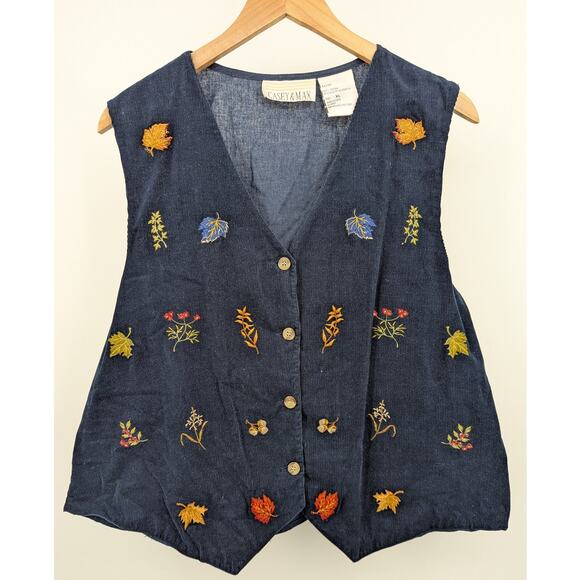 Casey & Max Jackets & Blazers - Vintage Casey & Max 100% Cotton Corduroy Navy Blue Floral Vest Size XL